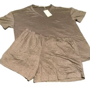 Womens Pajama Set Large Ultra Soft Short Sleeve Top Drawstring Shorts Camel